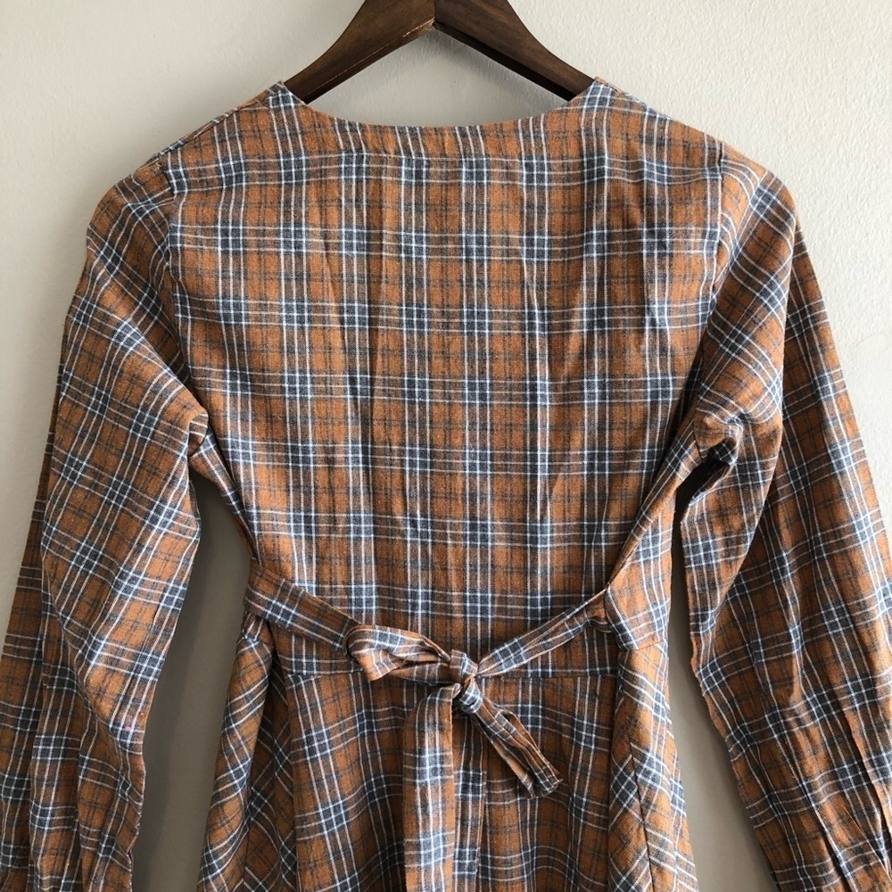 Vintage Plaid Tie Waist Mini Dress Long Sleeve V Neck Fit & Flare Small - Picture 9 of 12